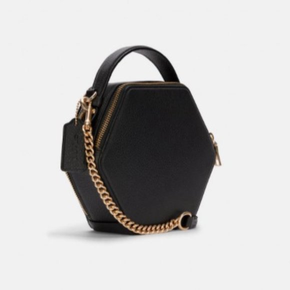 Coach Black Leather Hexagonal Crossbody Purse Geometric Modern - Picture 2 of 8